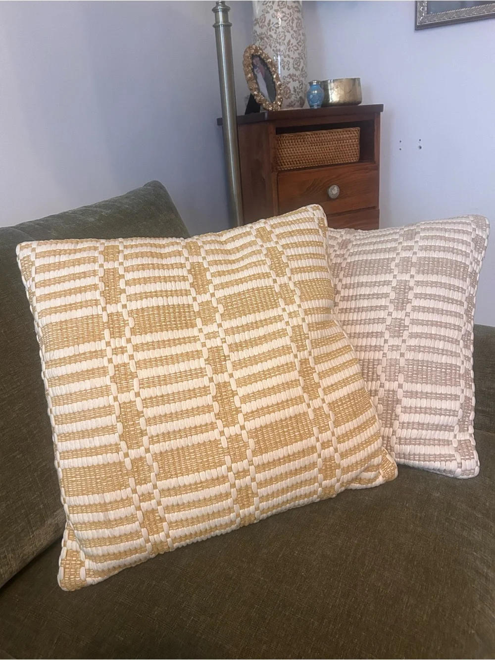 Set of two West Elm Bailey Woven Check Accent Pillows in Beige and Mustard